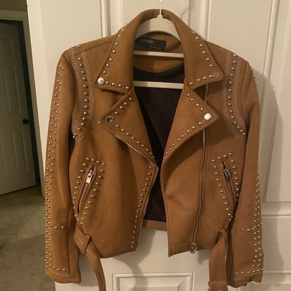 Zara Studded Tan Moto Bomber Jacket